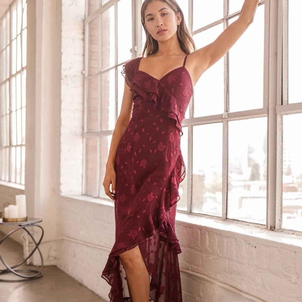 Forever Be Burgundy Floral Jacquard Ruffled Maxi Dress M